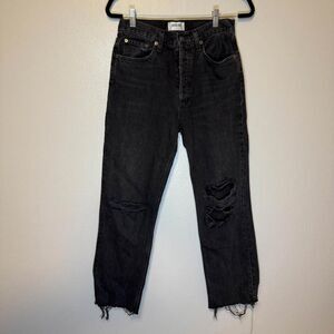 Agolde Mid Rise Lana Vintage Straight Distressed Button Fly Black Denim Jeans 26